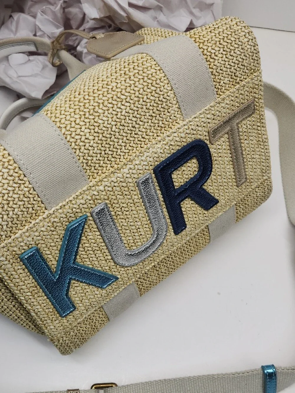 Kurt Geiger Beige Woven LONDON Satchel with Bright Blue Metallic Accents